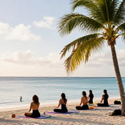 Caribbean Holidays, Turks Caicos Wellness, Outdoor yoga session beside a Caribbean beach in Turks and Caicos, palms, calm sea and natural morning light