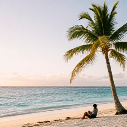 Caribbean Holidays, Turks Caicos Wellness, Peaceful white-sand beach in Turks and Caicos at sunrise, calm turquoise sea and a person relaxing beneath a palm tree