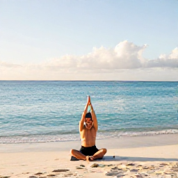 Caribbean Holidays, Turks Caicos Wellness, Person practising yoga on a quiet beach in Turks and Caicos, turquoise water, soft sand and early morning light