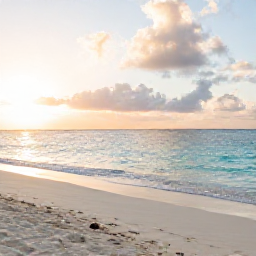 Caribbean Holidays, Turks Caicos Wellness, Quiet white-sand beach in Turks and Caicos at sunrise, calm turquoise sea, soft July light and a peaceful wellness holiday atmosphere