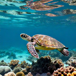 Caribbean Holidays, Turtle Spotting, Green sea turtle swimming above a clear Caribbean coral reef near a sandy beach, sunlight filtering through turquoise water