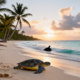 Caribbean Holidays, Turtle Spotting, Relaxed Caribbean beach at sunset with gentle waves, palm trees and a sea turtle surfacing offshore