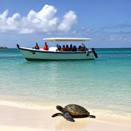 Caribbean Holidays, Turtle Spotting, Small Caribbean tour boat anchored beside a peaceful bay while visitors prepare for a guided turtle-spotting excursion