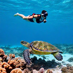 Caribbean Holidays, Turtle Spotting, Snorkeller floating above a coral reef while a green turtle swims below, with clear Caribbean water and a sandy seabed