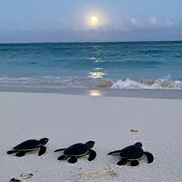Caribbean Holidays, Turtle Spotting, Tiny sea turtle hatchlings making their way across a Caribbean beach towards the moonlit ocean