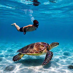 Caribbean Holidays, Turtle Spotting, Traveller quietly snorkelling near a sea turtle in shallow turquoise Caribbean water