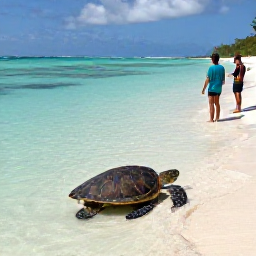 Caribbean Holidays, Turtle Spotting, Travellers watching a sea turtle from a respectful distance in shallow turquoise water beside a Caribbean beach