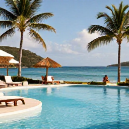 Caribbean Holidays, US Virgin Islands All Inclusive, A comfortable Caribbean resort pool overlooking a calm blue sea, with palm trees, sun loungers and a couple enjoying a peaceful afternoon