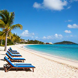 Caribbean Holidays, US Virgin Islands All Inclusive, A wide sandy beach with turquoise Caribbean water, palm trees and comfortable resort loungers on St Thomas, United States Virgin Islands