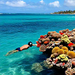 Caribbean Holidays, US Virgin Islands All Inclusive, Clear shallow water, colourful tropical fish and a snorkeller exploring a coral reef near St John in the US Virgin Islands