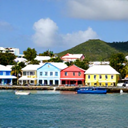 Caribbean Holidays, US Virgin Islands All Inclusive, Colourful waterfront buildings, small boats and a relaxed Caribbean town street in the US Virgin Islands
