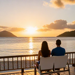 Caribbean Holidays, US Virgin Islands All Inclusive, Couple watching a golden Caribbean sunset from a beachfront resort terrace in the US Virgin Islands