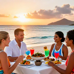 Caribbean Holidays, US Virgin Islands All Inclusive, Guests enjoying a relaxed beachfront meal at an elegant Caribbean resort, with colourful food, cool drinks and a sunset over the sea
