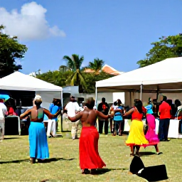 Caribbean Holidays, US Virgin Islands April, Colourful April cultural festival in Charlotte Amalie, St Thomas, with local musicians, dancers and visitors enjoying the warm Caribbean sunshine