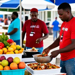 Caribbean Holidays, US Virgin Islands April, Traditional Crucian food being prepared at an outdoor market in Christiansted, St Croix, with fresh fruit, spices and friendly local vendors