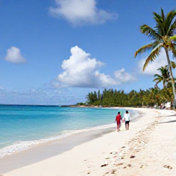 Caribbean Holidays, US Virgin Islands Beaches, A bright Caribbean beach in the United States Virgin Islands during May, with turquoise water, white sand, palm trees and a relaxed couple walking beside the sea