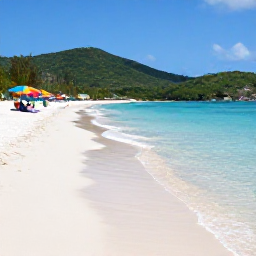 Caribbean Holidays, US Virgin Islands Beaches, A calm white-sand beach on St Thomas in May, with clear shallow water, colourful beach umbrellas and green hills in the background
