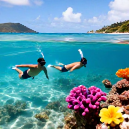 Caribbean Holidays, US Virgin Islands Beaches, A couple snorkelling in clear Caribbean water beside a colourful reef near the United States Virgin Islands