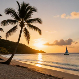 Caribbean Holidays, US Virgin Islands Beaches, A golden sunset over a quiet beach on St Croix, with palm trees, gentle waves and a small sailboat offshore