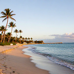Caribbean Holidays, US Virgin Islands Beaches, A peaceful beach on St Croix at golden afternoon light, with gentle waves, palm trees and a small wooden jetty