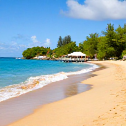 Caribbean Holidays, US Virgin Islands Beaches, A relaxed beach scene on St Croix in the US Virgin Islands, golden sand, gentle waves, tropical vegetation and a small waterfront restaurant