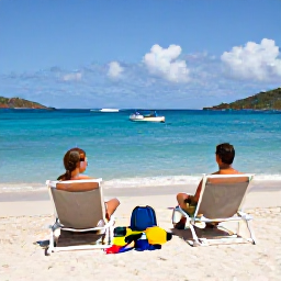 Caribbean Holidays, US Virgin Islands Beaches, A relaxed couple enjoying a United States Virgin Islands beach holiday in May, with snorkelling gear, sun loungers, tropical water and a small island boat