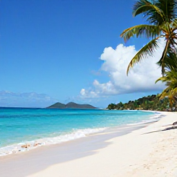 Caribbean Holidays, US Virgin Islands Beaches, A sunny Caribbean beach in the United States Virgin Islands in June, with turquoise water, soft sand and palm trees