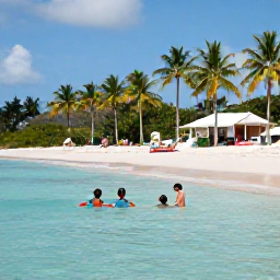 Caribbean Holidays, US Virgin Islands Beaches, Family enjoying a relaxed day on Reduit-style Caribbean beach in St Thomas, children paddling in shallow clear water and palm trees behind them
