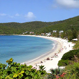 Caribbean Holidays, US Virgin Islands Beaches, Magens Bay on St Thomas, crescent-shaped white-sand beach surrounded by green hills, calm blue sea and visitors relaxing by the water