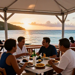 Caribbean Holidays, US Virgin Islands Beaches, Outdoor Caribbean restaurant overlooking the sea at sunset in the United States Virgin Islands, with diners enjoying local food