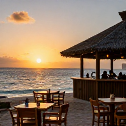Caribbean Holidays, US Virgin Islands Beaches, Relaxed Caribbean beach bar at sunset in the United States Virgin Islands, outdoor tables, gentle sea and warm evening light
