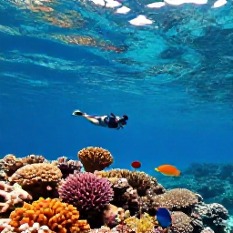 Caribbean Holidays, US Virgin Islands Beaches, Snorkeller viewing colourful coral and tropical fish in clear Caribbean water near St John, with sunlit surface above