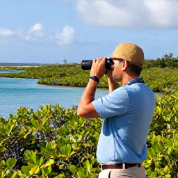Caribbean Holidays, US Virgin Islands Birdwatching, Birdwatcher with binoculars overlooking mangroves and coastal wetlands on Saint Croix