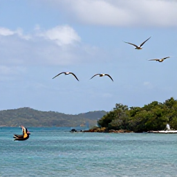 Caribbean Holidays, US Virgin Islands Birdwatching, Roseate terns and brown pelicans flying above a calm Caribbean bay in the US Virgin Islands