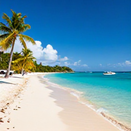 Caribbean Holidays, US Virgin Islands Business Class, Bright tropical beach on St Thomas in the United States Virgin Islands with turquoise water, white sand, palm trees and a small boat offshore
