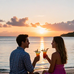Caribbean Holidays, US Virgin Islands Business Class, Couple enjoying a sunset cocktail beside a Caribbean beach resort in the United States Virgin Islands
