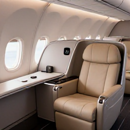 Caribbean Holidays, US Virgin Islands Business Class, Elegant business class aircraft cabin with a spacious lie-flat seat, dining table and soft lighting on a flight to the Caribbean