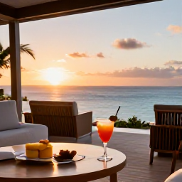 Caribbean Holidays, US Virgin Islands Business Class, Elegant Caribbean resort terrace at sunset with ocean views, cocktails and relaxed business class holiday atmosphere