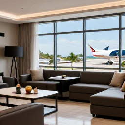 Caribbean Holidays, US Virgin Islands Business Class, Modern airport lounge with Caribbean-inspired design, comfortable seating, refreshments and views towards aircraft departing for the Virgin Islands