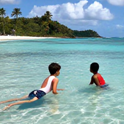 Caribbean Holidays, US Virgin Islands, Children and parents snorkelling together in shallow clear water beside a sandy Caribbean beach in the US Virgin Islands