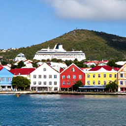 Caribbean Holidays, US Virgin Islands, Colourful Charlotte Amalie waterfront with historic buildings, cruise ships and hillside views on St Thomas