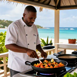 Caribbean Holidays, US Virgin Islands Cooking, Chef preparing a colourful Caribbean seafood dish in an open-air kitchen overlooking the sea in St Croix