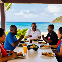 Caribbean Holidays, US Virgin Islands Cooking, Friendly cookery class group sharing a freshly prepared Caribbean meal on a shaded terrace overlooking the sea