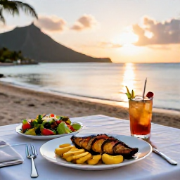 Caribbean Holidays, US Virgin Islands Cooking, Outdoor Caribbean dining table with grilled fish, plantain, fresh salad and rum cocktails beside a calm beach at sunset in the US Virgin Islands