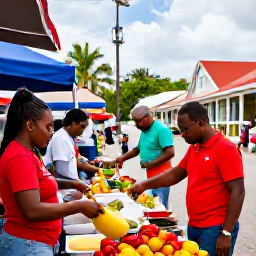 Caribbean Holidays, US Virgin Islands Cooking, Travellers exploring a colourful food market and historic streets in Christiansted, St Croix, United States Virgin Islands