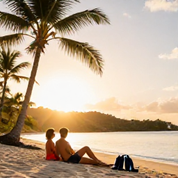 Caribbean Holidays, US Virgin Islands, Couple relaxing beside a Caribbean beach with snorkelling equipment, palm trees and golden evening light in the US Virgin Islands