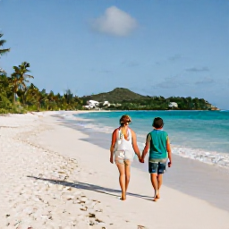 Caribbean Holidays, US Virgin Islands Couples, A couple walking along a quiet white-sand beach in St John, United States Virgin Islands, in warm March sunshine
