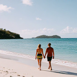 Caribbean Holidays, US Virgin Islands Couples, A couple walking hand in hand along a quiet white-sand beach in St John, United States Virgin Islands, warm February sunshine and calm turquoise sea