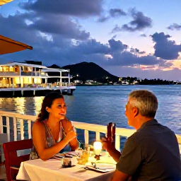 Caribbean Holidays, US Virgin Islands Couples, Couple dining at an outdoor waterfront restaurant in Christiansted, St Croix, with colourful Caribbean evening light