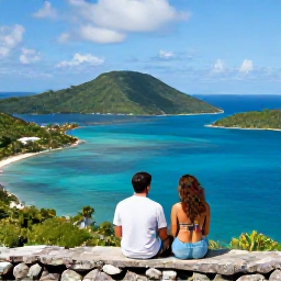 Caribbean Holidays, US Virgin Islands Couples, Couple enjoying a scenic overlook across turquoise bays and green Caribbean islands in the United States Virgin Islands